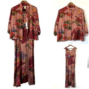 VTG 90s Citron Santa Monica 100% Silk Peacock Floral Maxi Dress Jacket Set L NWT